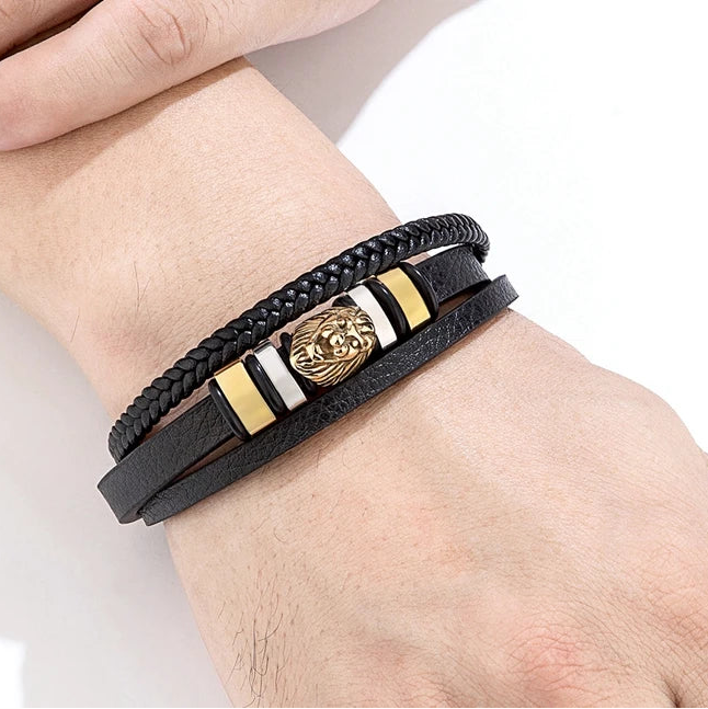 Men’s Braided Leather Lion Bracelet
