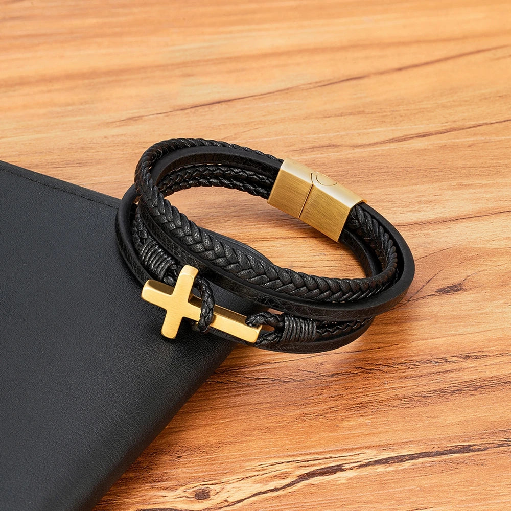 Men’s Braided Leather Cross Bracelet