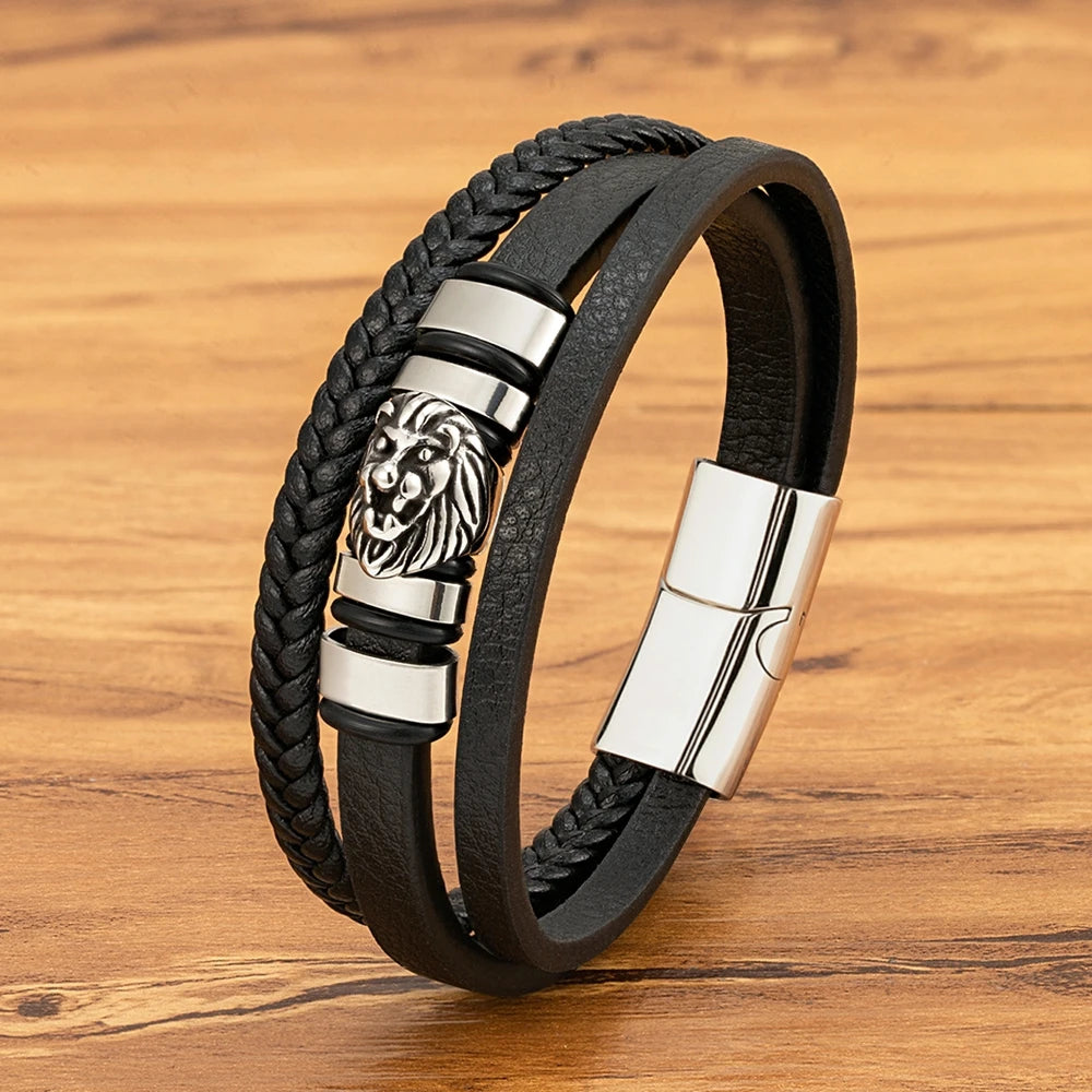 Men’s Braided Leather Lion Bracelet