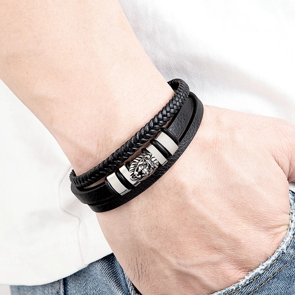 Men’s Braided Leather Lion Bracelet