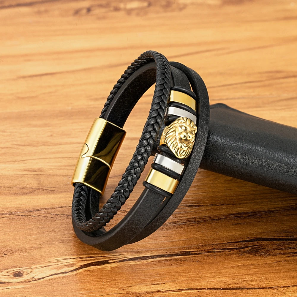 Men’s Braided Leather Lion Bracelet