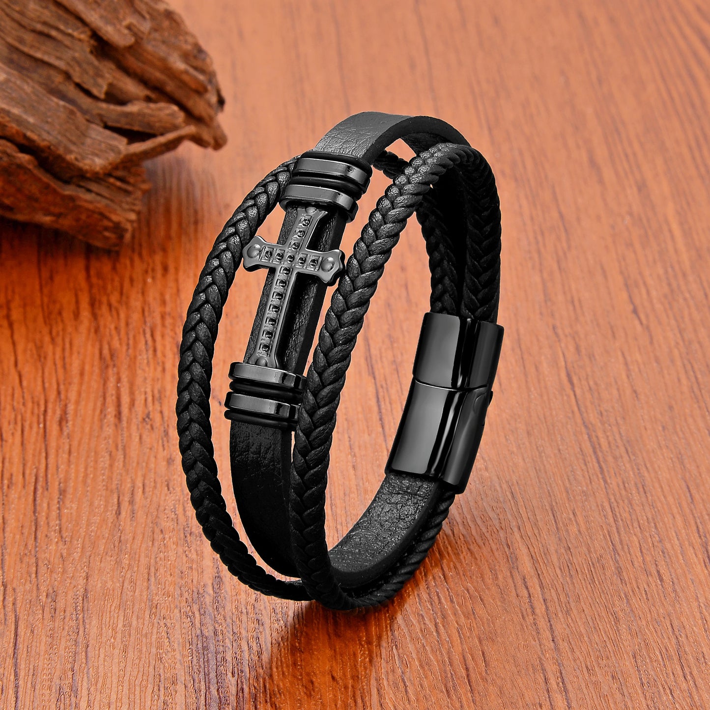 Women’s Braided Leather Cross Bracelet