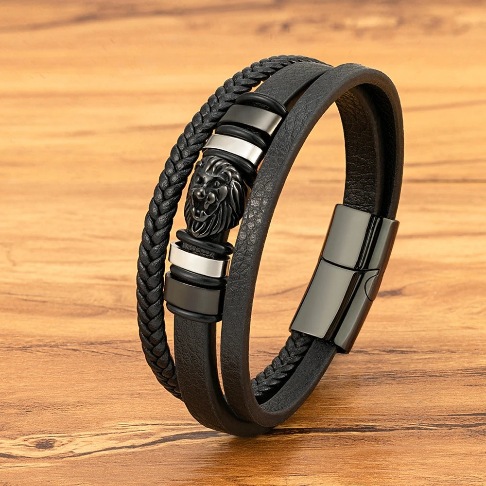 Men’s Braided Leather Lion Bracelet
