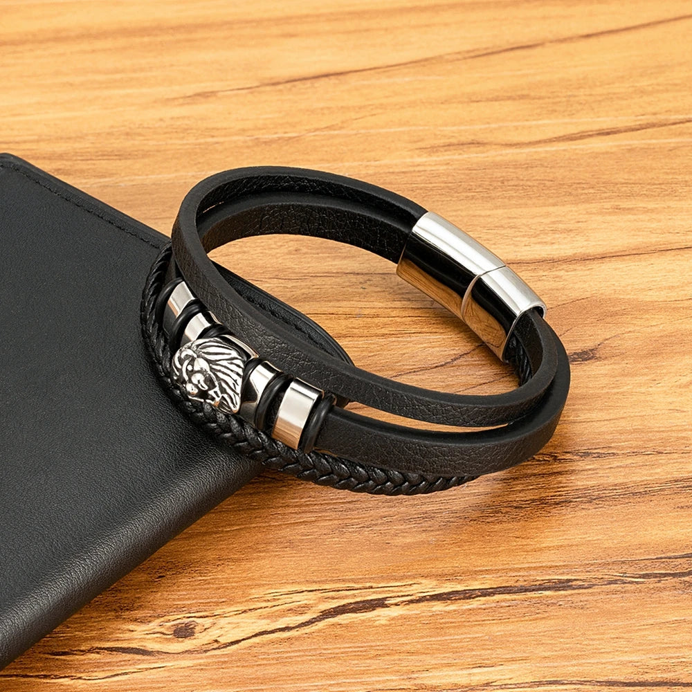 Men’s Braided Leather Lion Bracelet