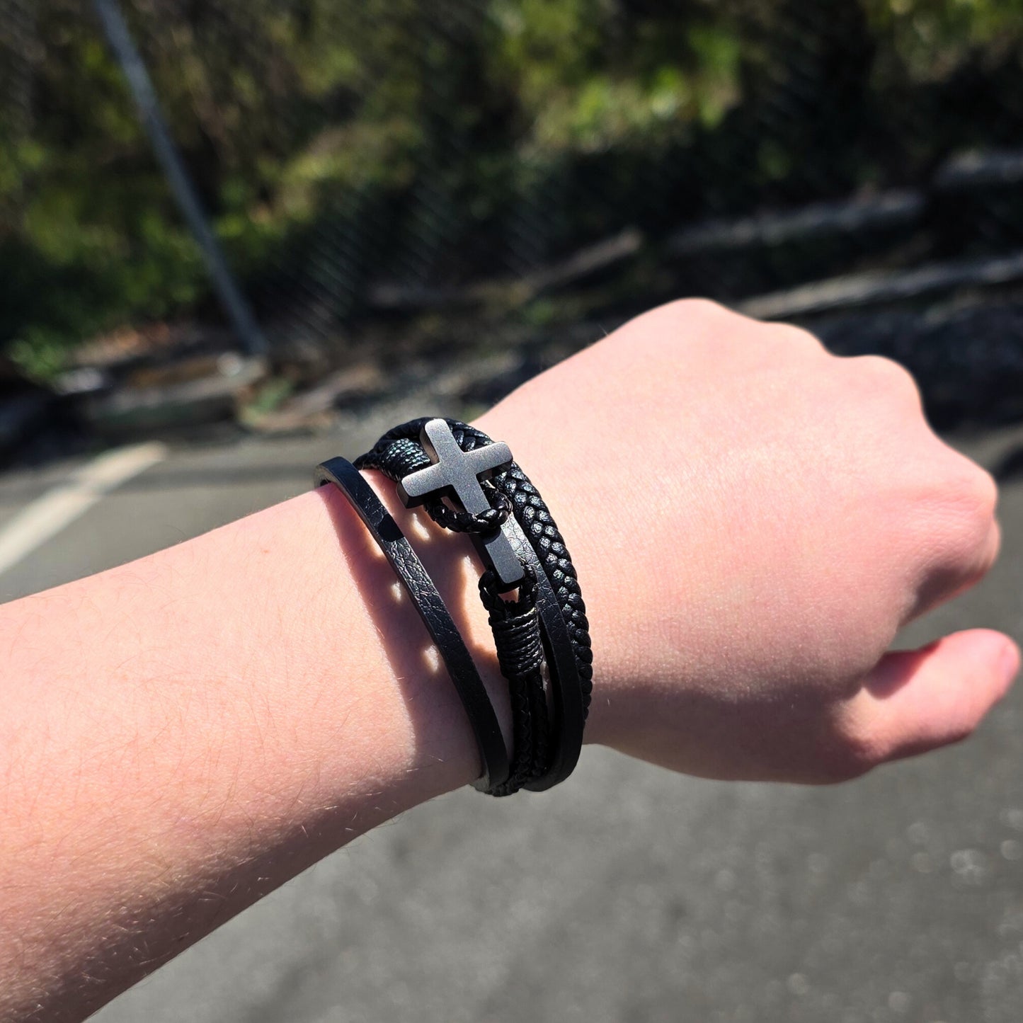Men’s Braided Leather Cross Bracelet