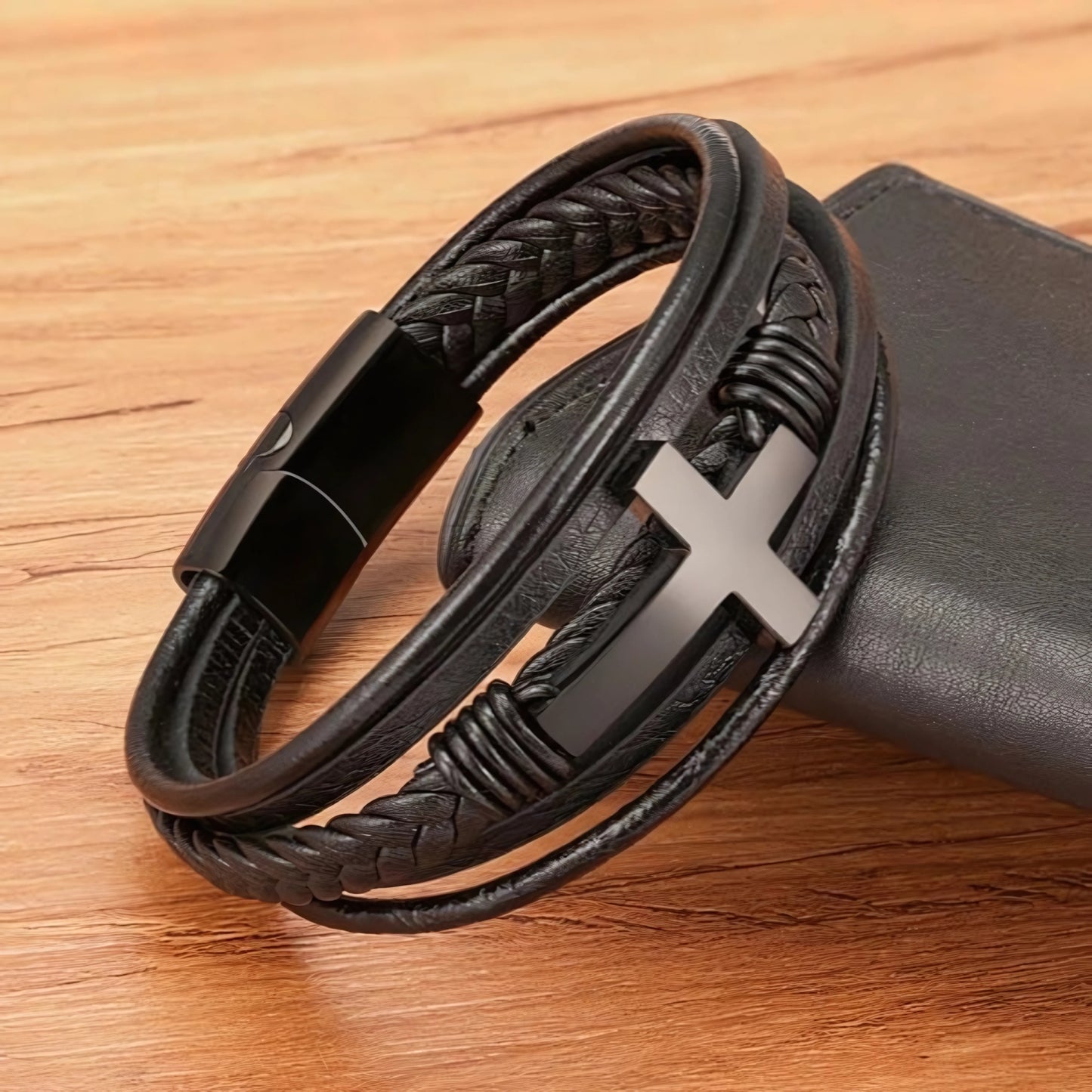 Men’s Woven Leather Cross Bracelet