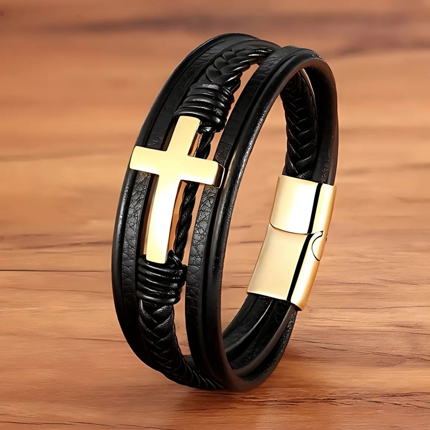 Men’s Woven Leather Cross Bracelet