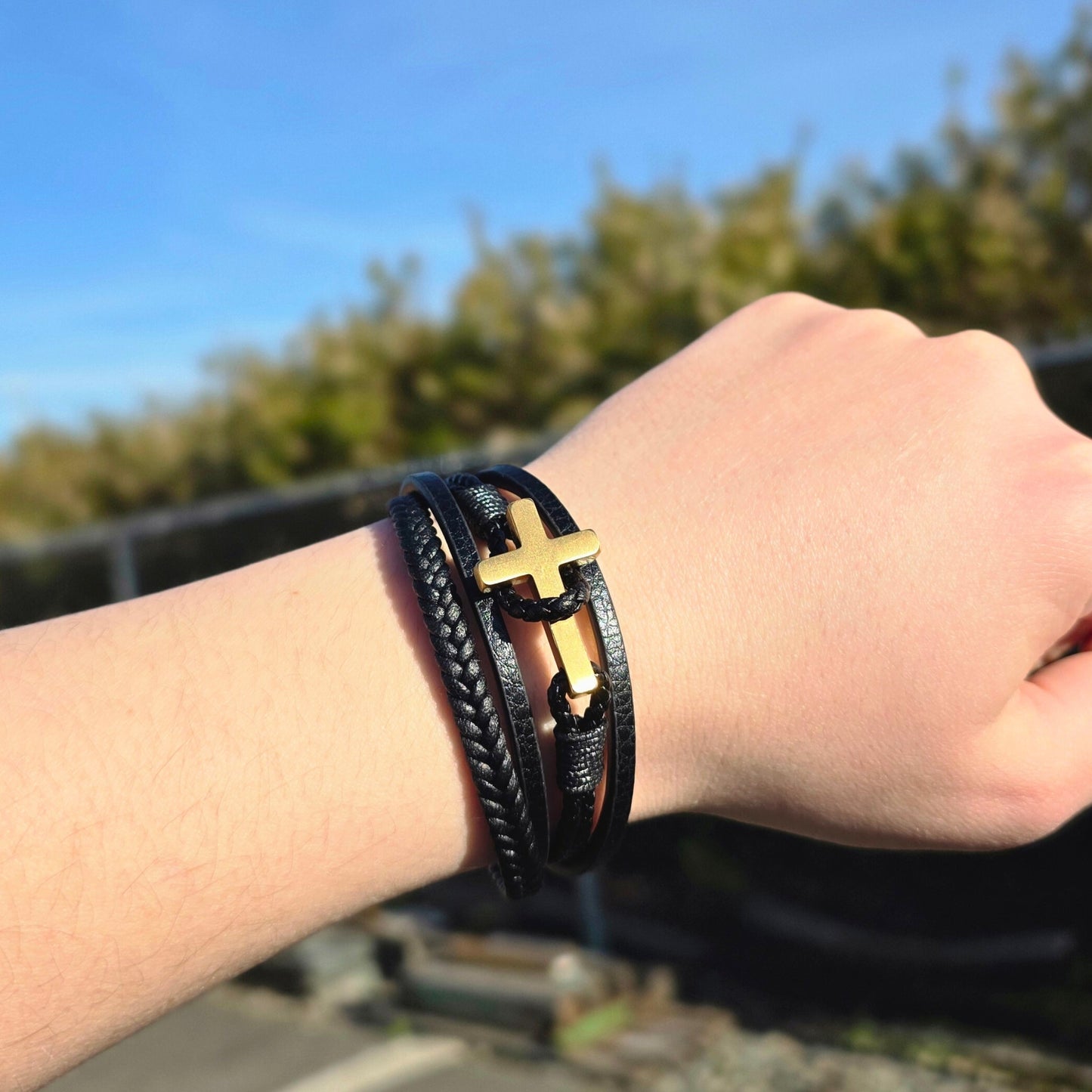 Men’s Braided Leather Cross Bracelet