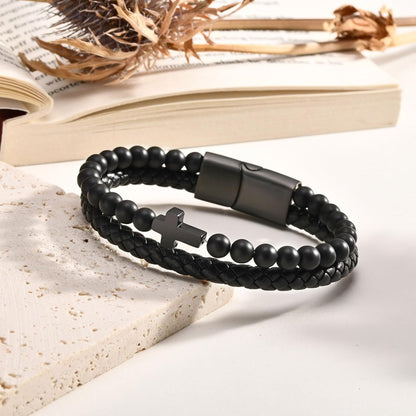 Men’s Leather Beaded Cross Bracelet