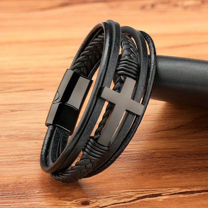 Men’s Woven Leather Cross Bracelet