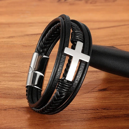 Men’s Woven Leather Cross Bracelet