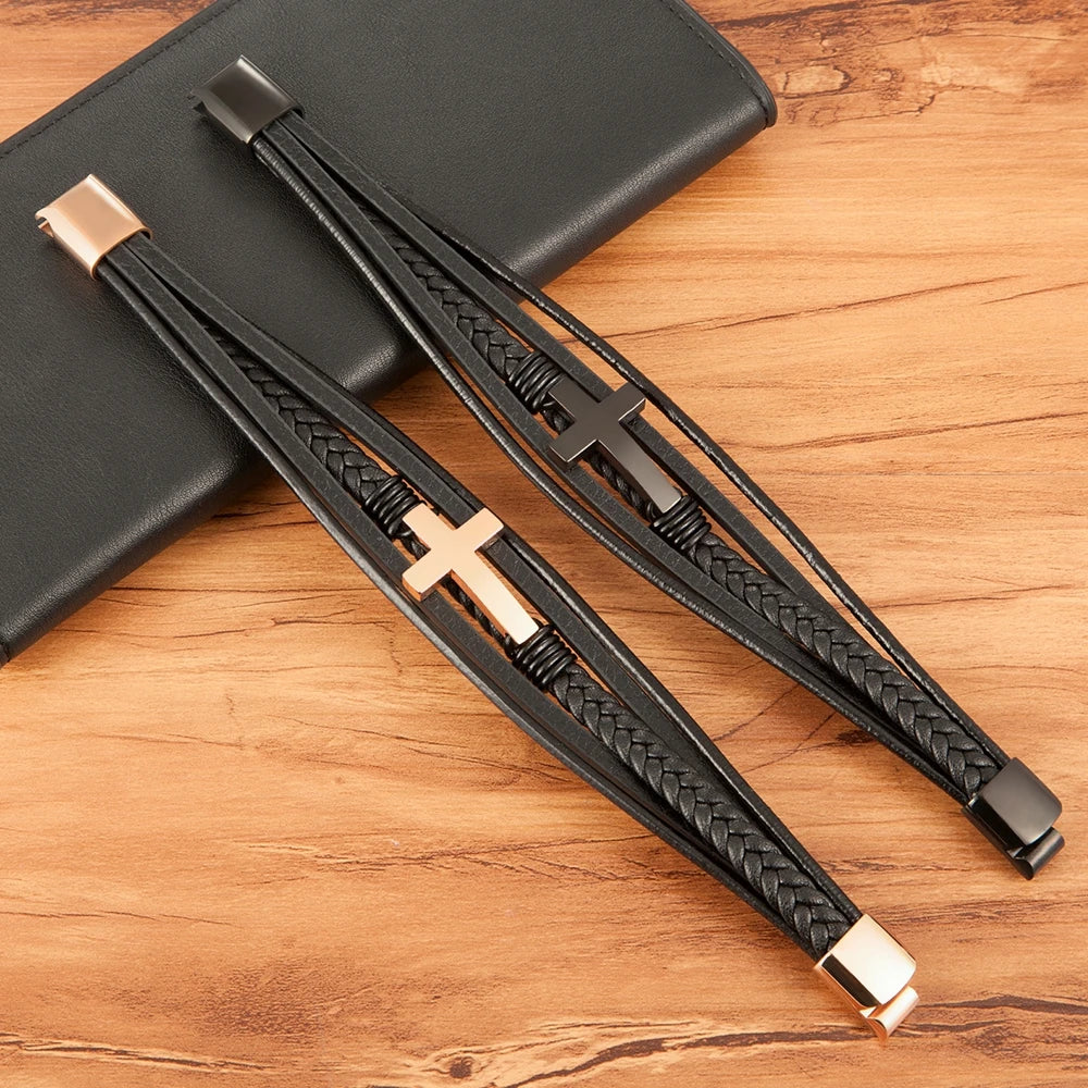 Men’s Woven Leather Cross Bracelet