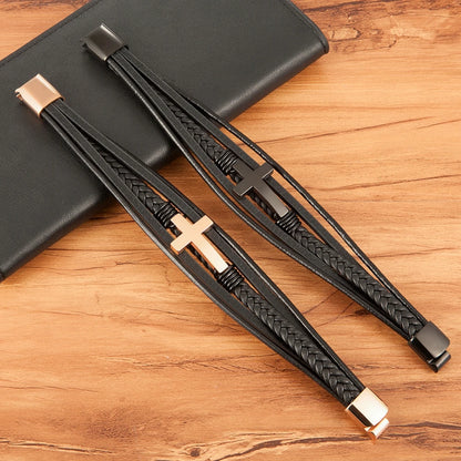 Men’s Woven Leather Cross Bracelet