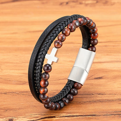 Men’s Leather Beaded Cross Bracelet
