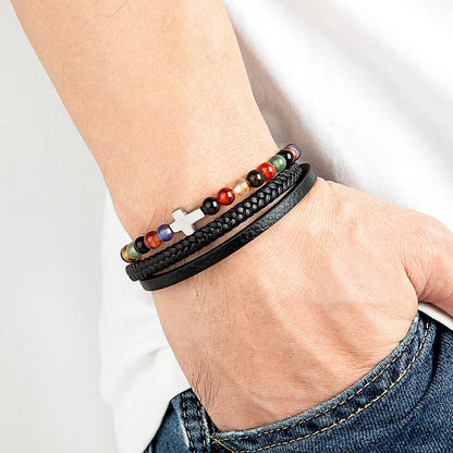 Men’s Leather Beaded Cross Bracelet