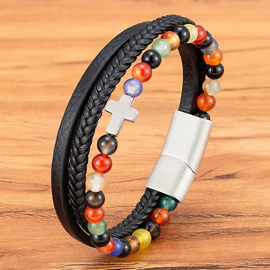 Men’s Leather Beaded Cross Bracelet