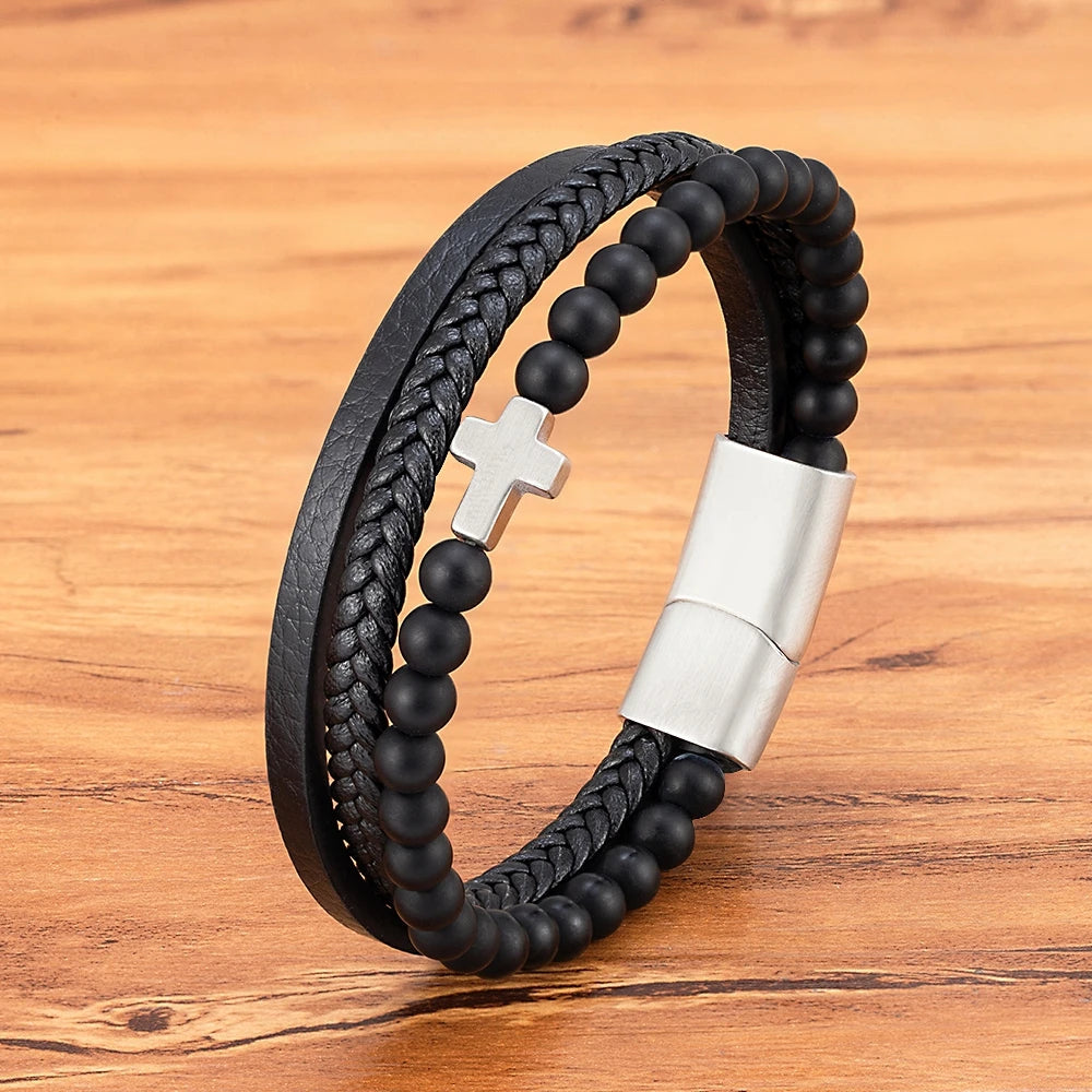 Men’s Leather Beaded Cross Bracelet
