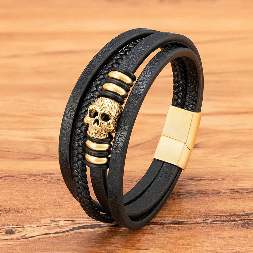 Men’s Skull Leather Braided Bracelet