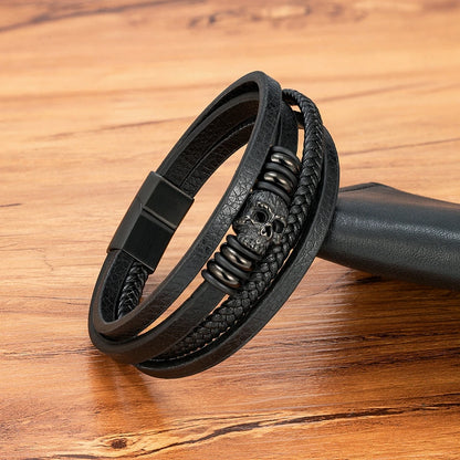 Men’s Skull Leather Braided Bracelet