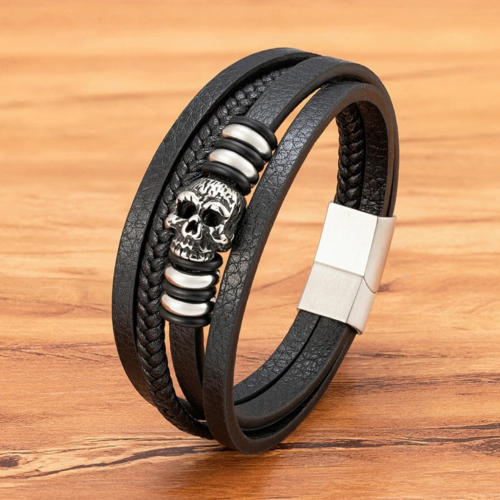 Men’s Skull Leather Braided Bracelet