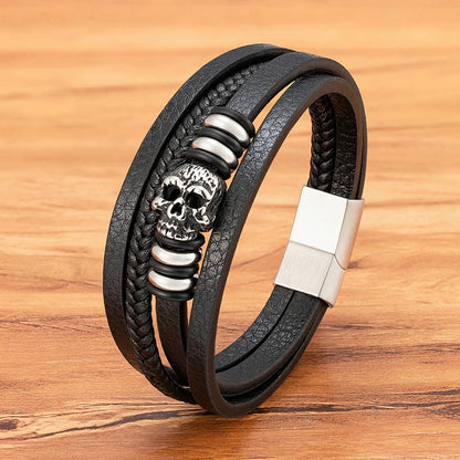Men’s Skull Leather Braided Bracelet