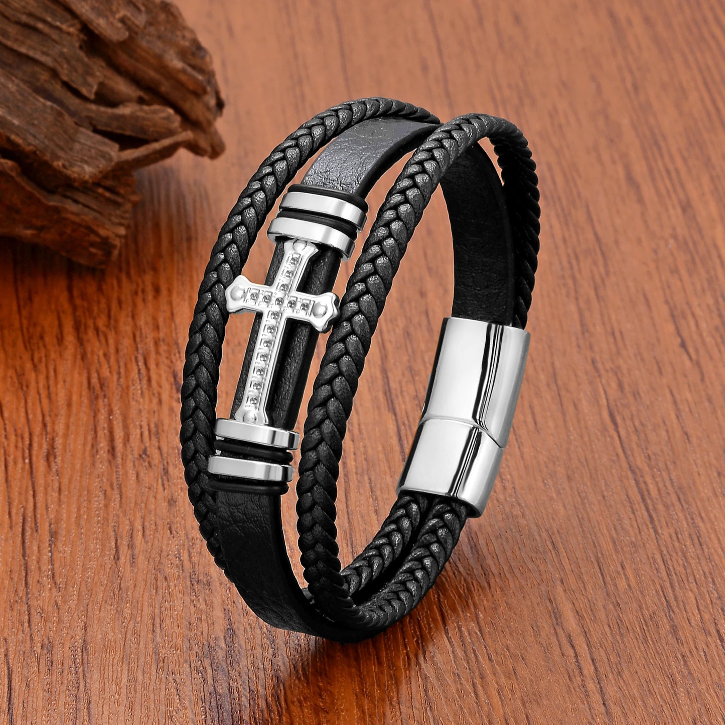 Women’s Braided Leather Cross Bracelet