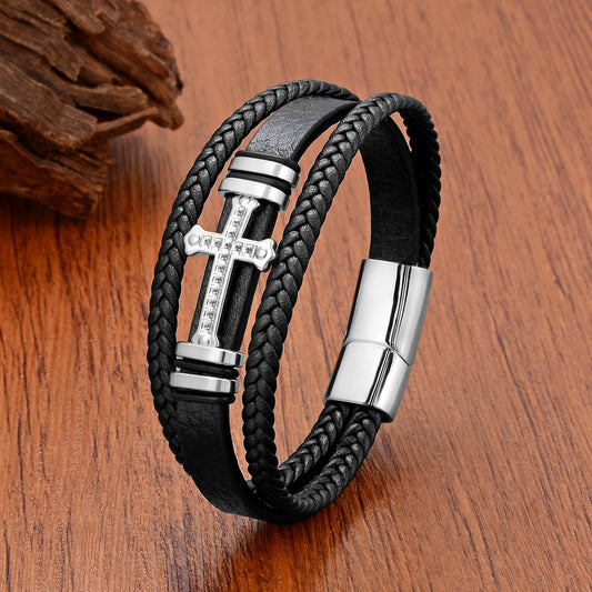 Women’s Braided Leather Cross Bracelet