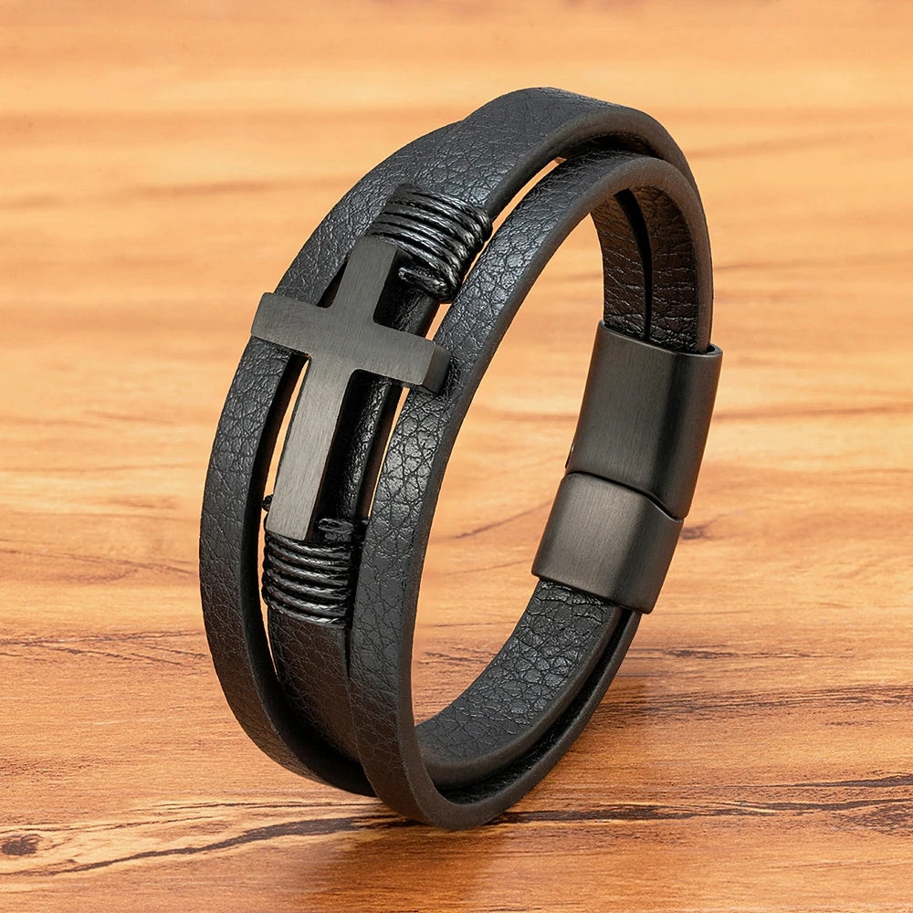 Faith-Forged Leather Cross Bracelet