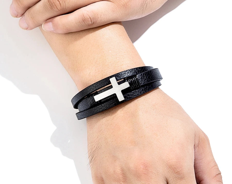 Faith-Forged Leather Cross Bracelet