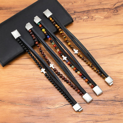 Men’s Leather Beaded Cross Bracelet