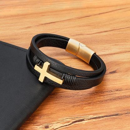 Faith-Forged Leather Cross Bracelet