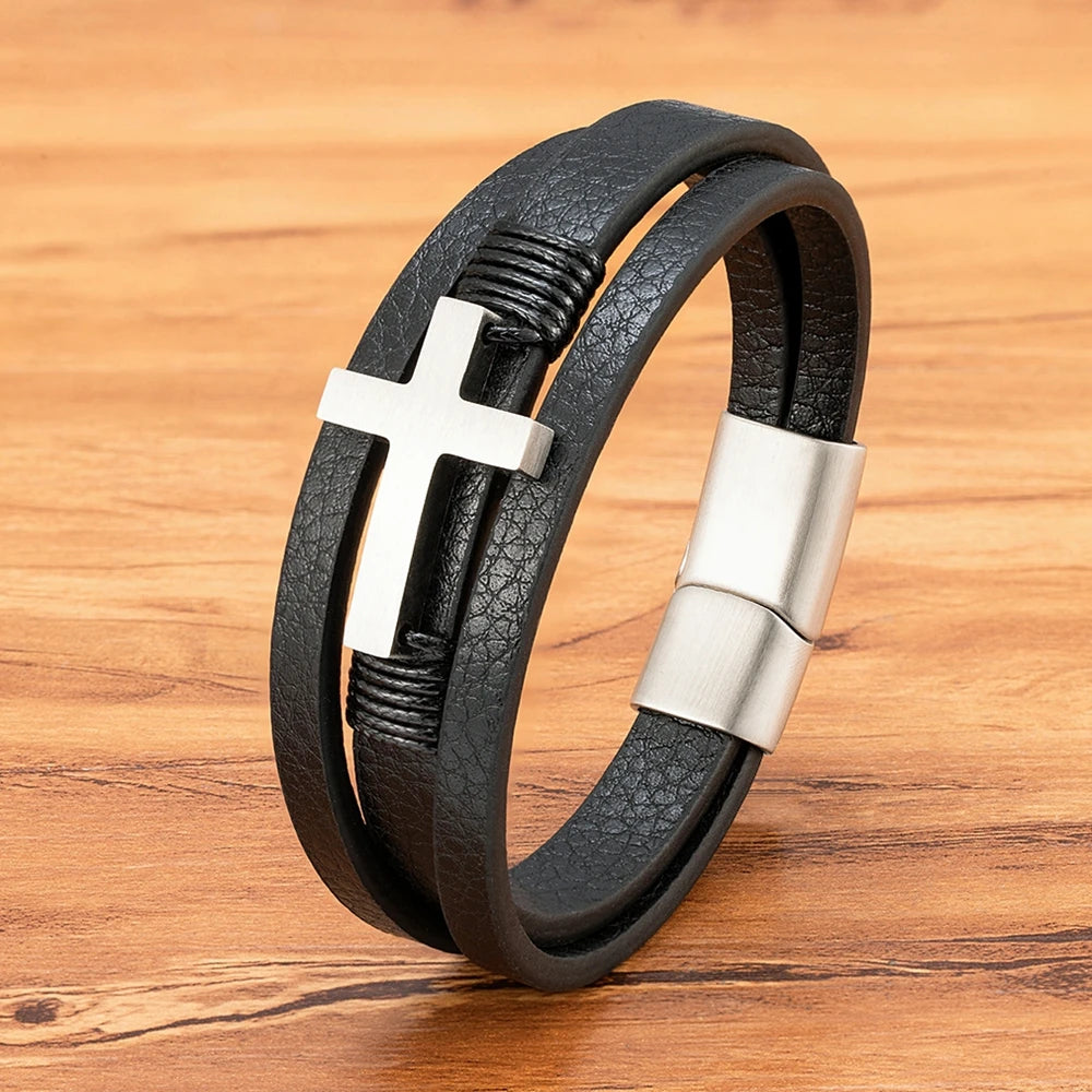 Faith-Forged Leather Cross Bracelet