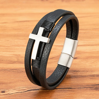 Faith-Forged Leather Cross Bracelet
