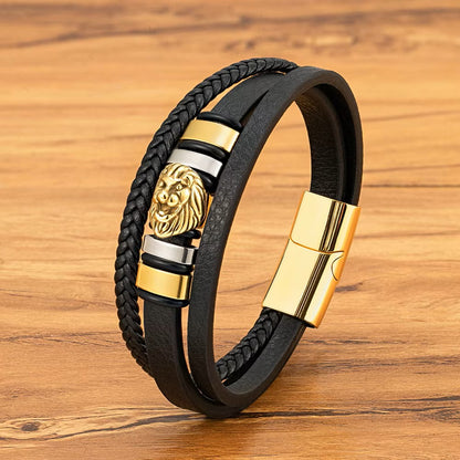Men’s Braided Leather Lion Bracelet