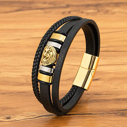 Men’s Braided Leather Lion Bracelet