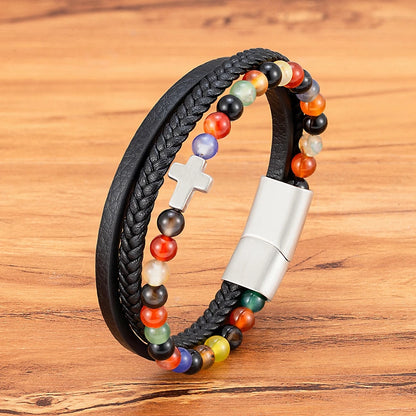 Men’s Leather Beaded Cross Bracelet