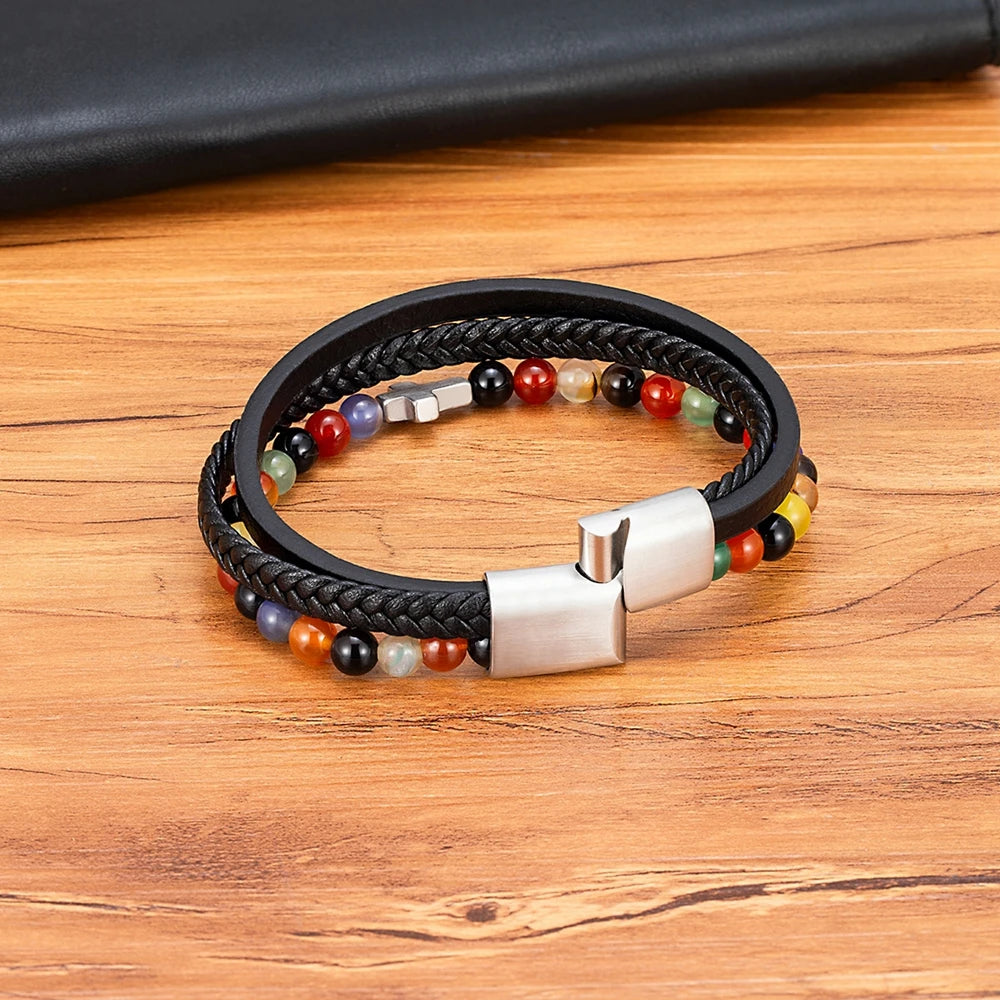 Men’s Leather Beaded Cross Bracelet