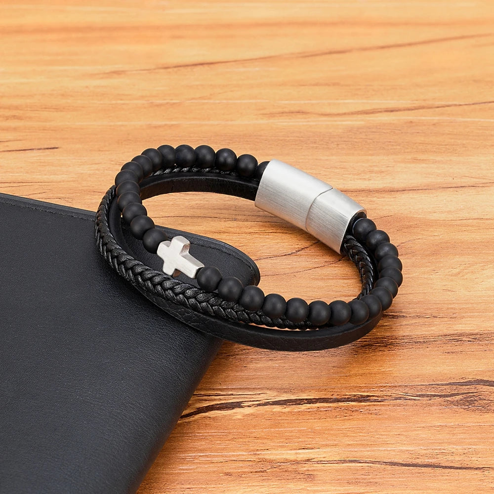 Men’s Leather Beaded Cross Bracelet