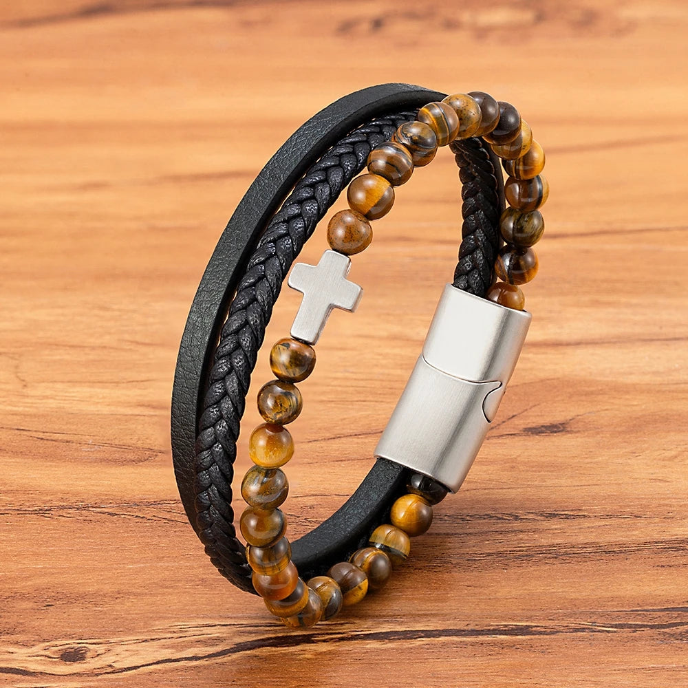Men’s Leather Beaded Cross Bracelet