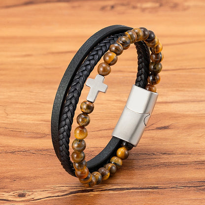 Men’s Leather Beaded Cross Bracelet