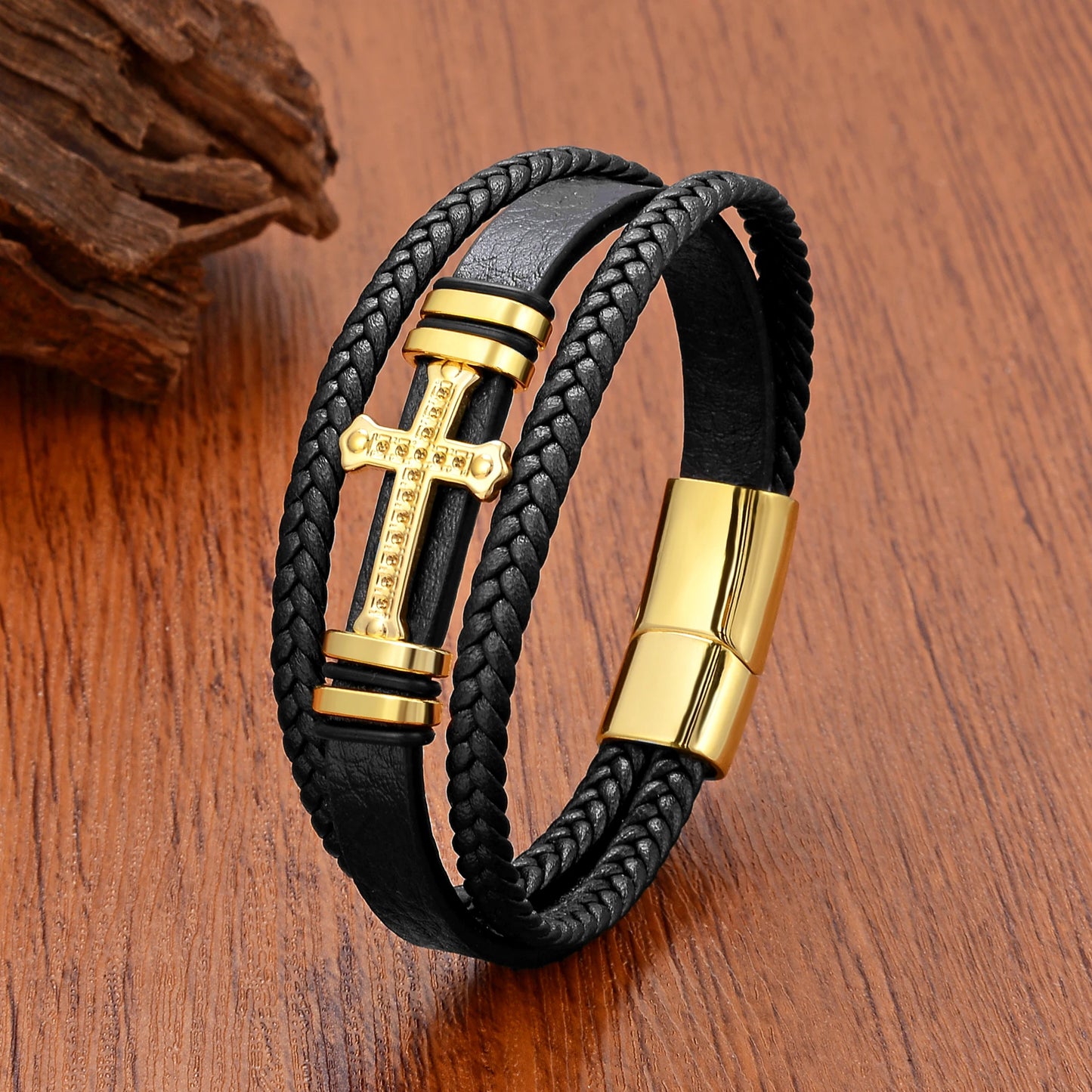 Women’s Braided Leather Cross Bracelet
