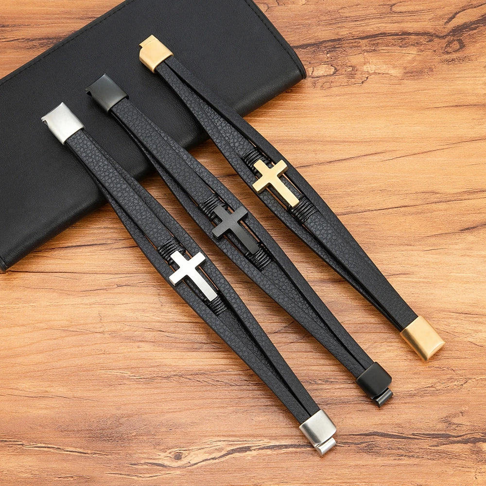 Faith-Forged Leather Cross Bracelet