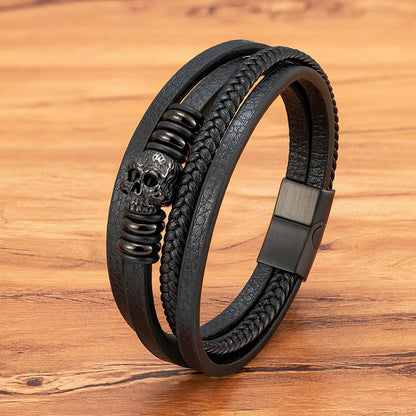 Men’s Skull Leather Braided Bracelet