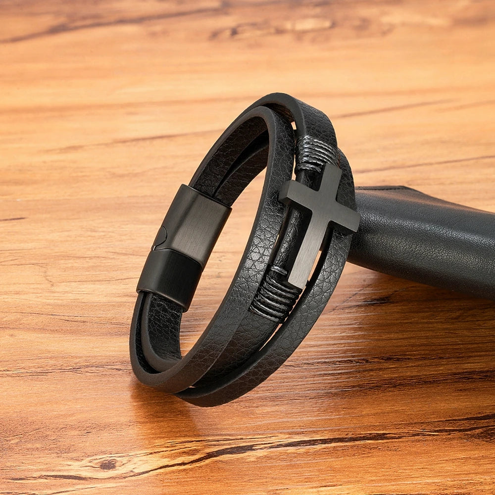 Faith-Forged Leather Cross Bracelet