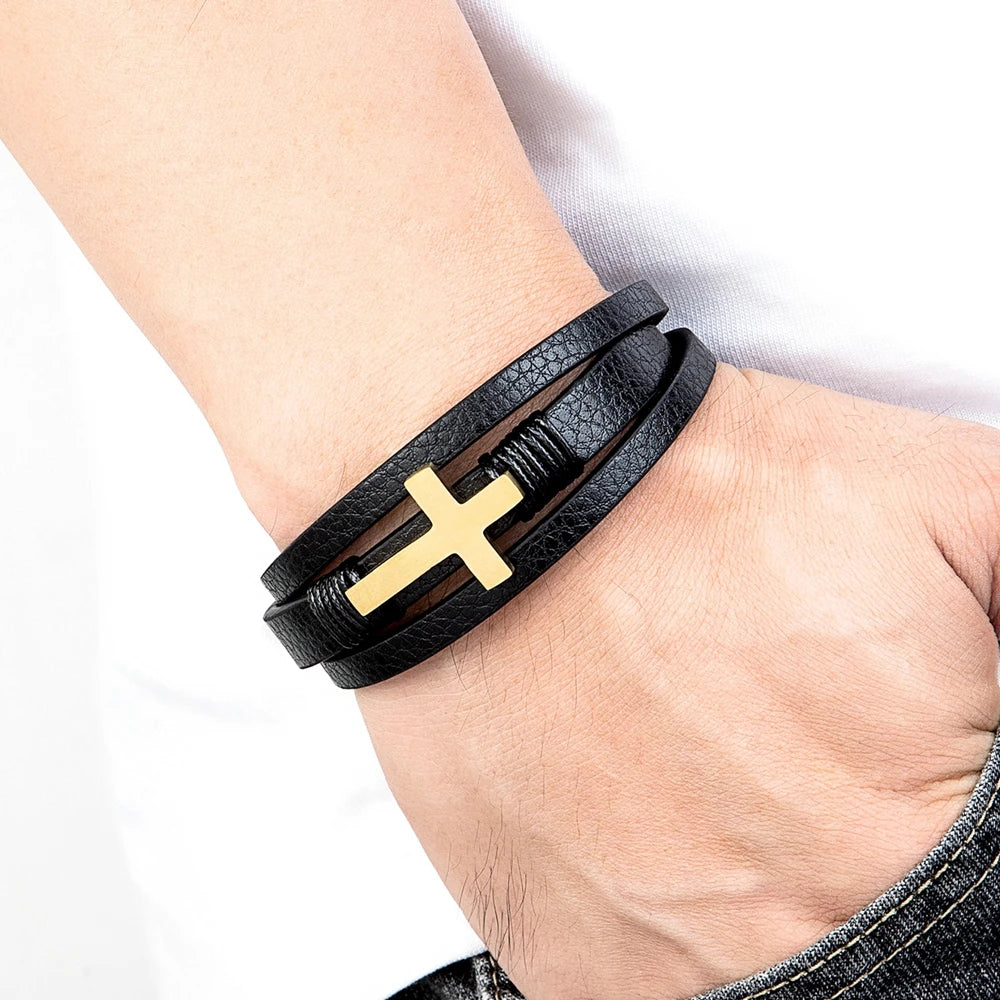 Faith-Forged Leather Cross Bracelet