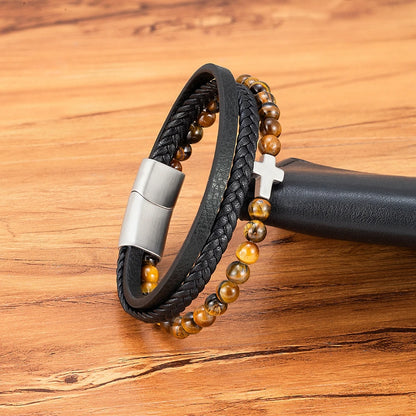 Men’s Leather Beaded Cross Bracelet