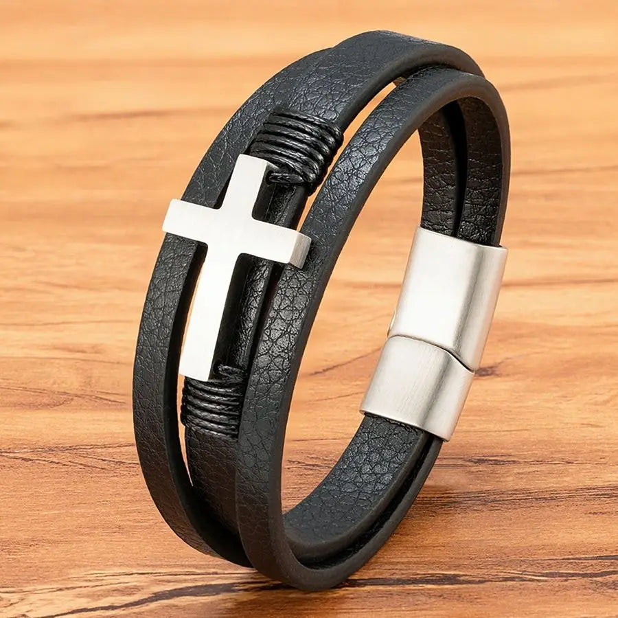Faith-Forged Leather Cross Bracelet
