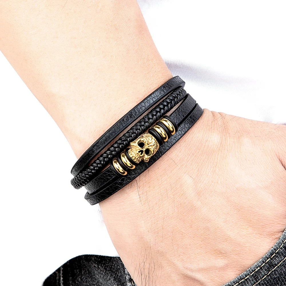Men’s Skull Leather Braided Bracelet