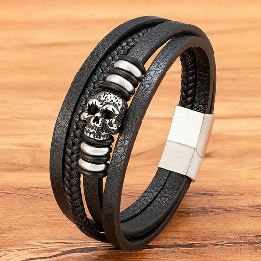 Men’s Skull Leather Braided Bracelet