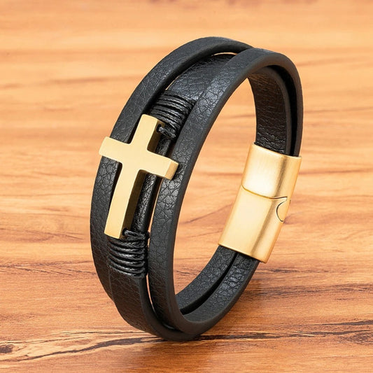 Faith-Forged Leather Cross Bracelet
